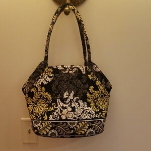 Black and Yellow Floral Tote Bag with Baroque Pattern